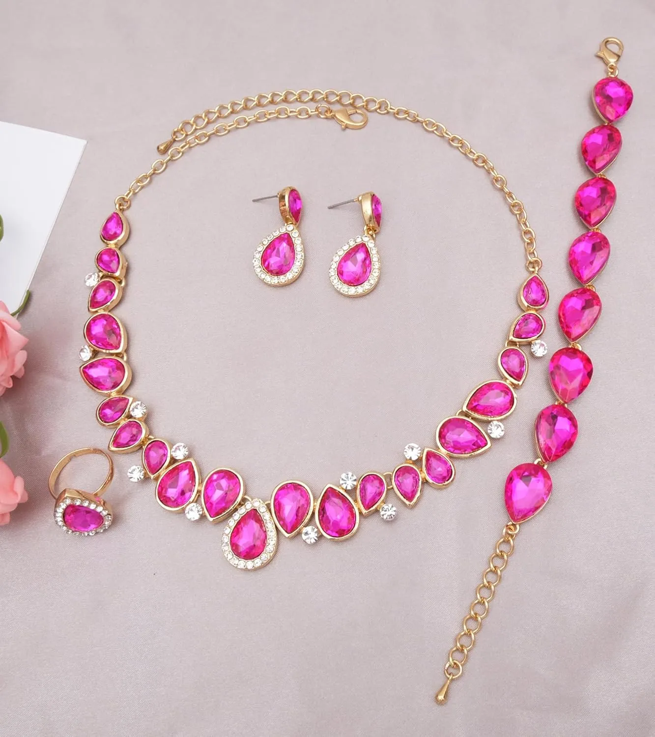 CSY Elegant Bridal Necklace Earrings Bracelet Ring Set for Bride Bridesmaid Tear Drop Crystal Wedding Prom Costume Jewelry Sets for Women