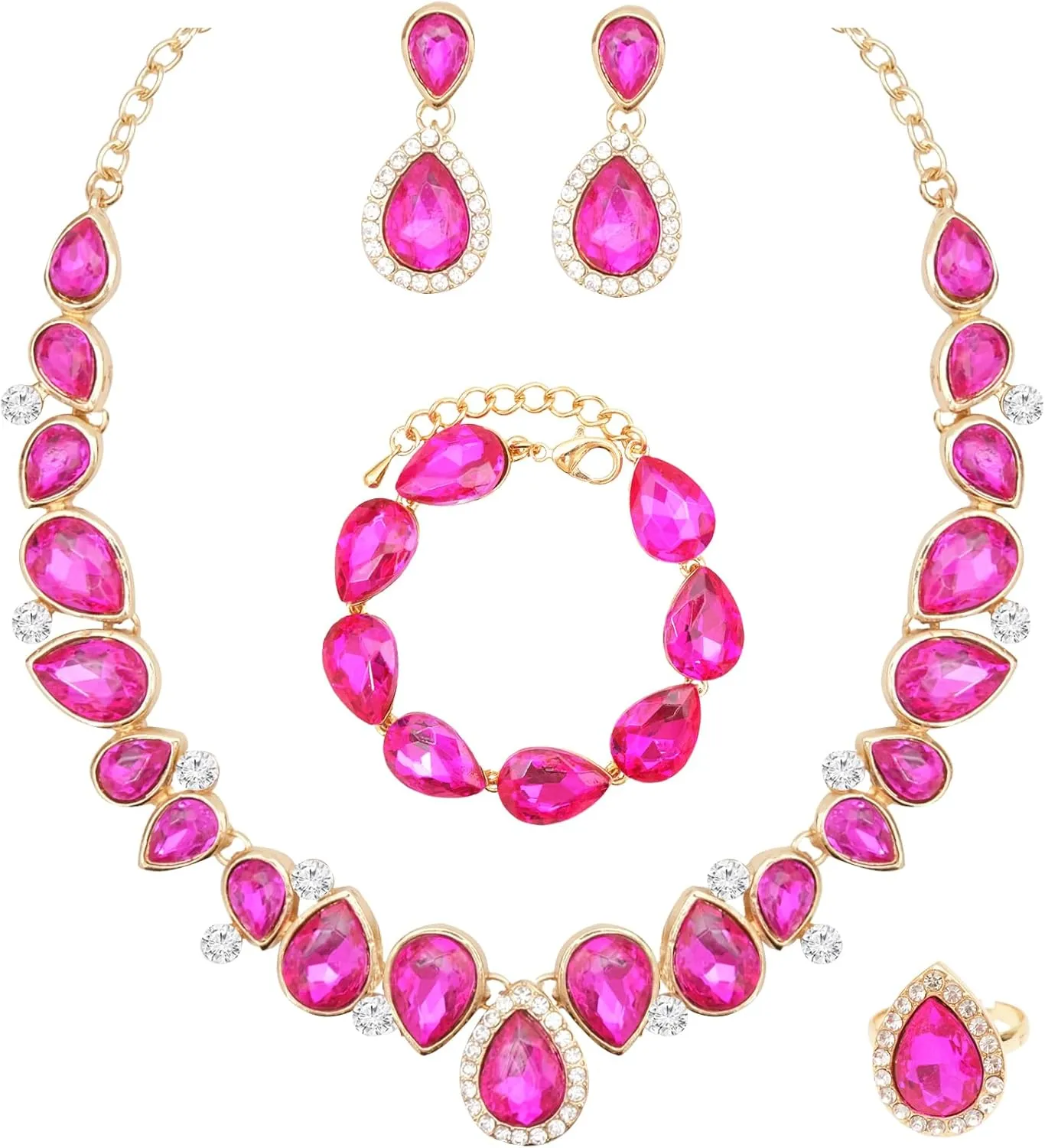 CSY Elegant Bridal Necklace Earrings Bracelet Ring Set for Bride Bridesmaid Tear Drop Crystal Wedding Prom Costume Jewelry Sets for Women