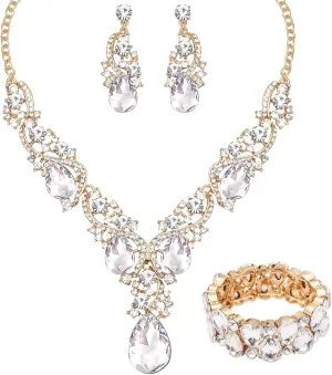 CSY Women's Elegant Bridal Necklace Earrings Stretch Bangle Set for Bride Bridesmaid Wedding Costume Jewelry Sets (white crystal-gold tone)