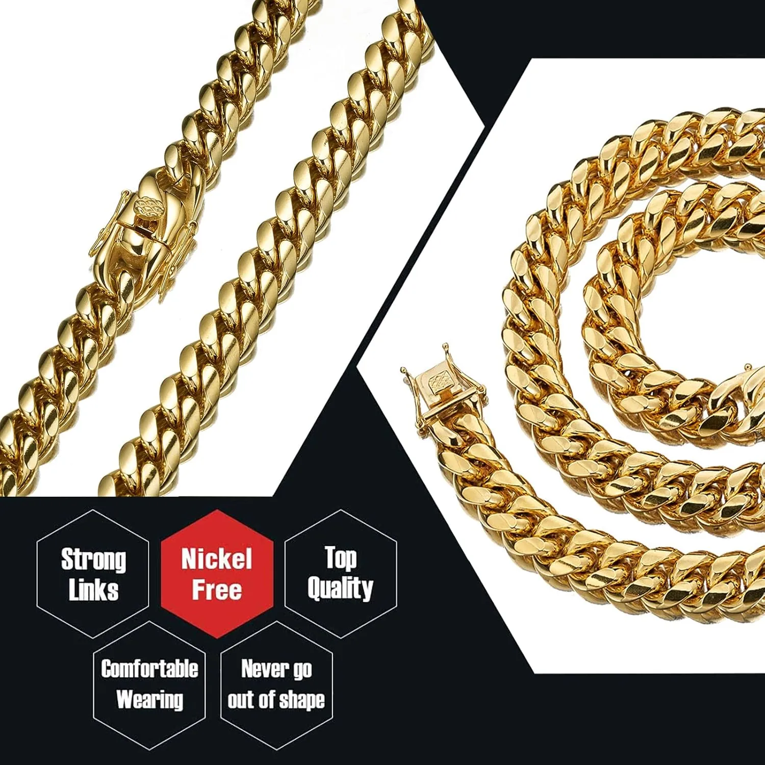 Cuban Link Chain for Men 18K Gold Plated 12mm Stainless Steel Miami Cuban Link Chain 18/20/22/24 Inch Silver Chain Necklace - with Gift Box