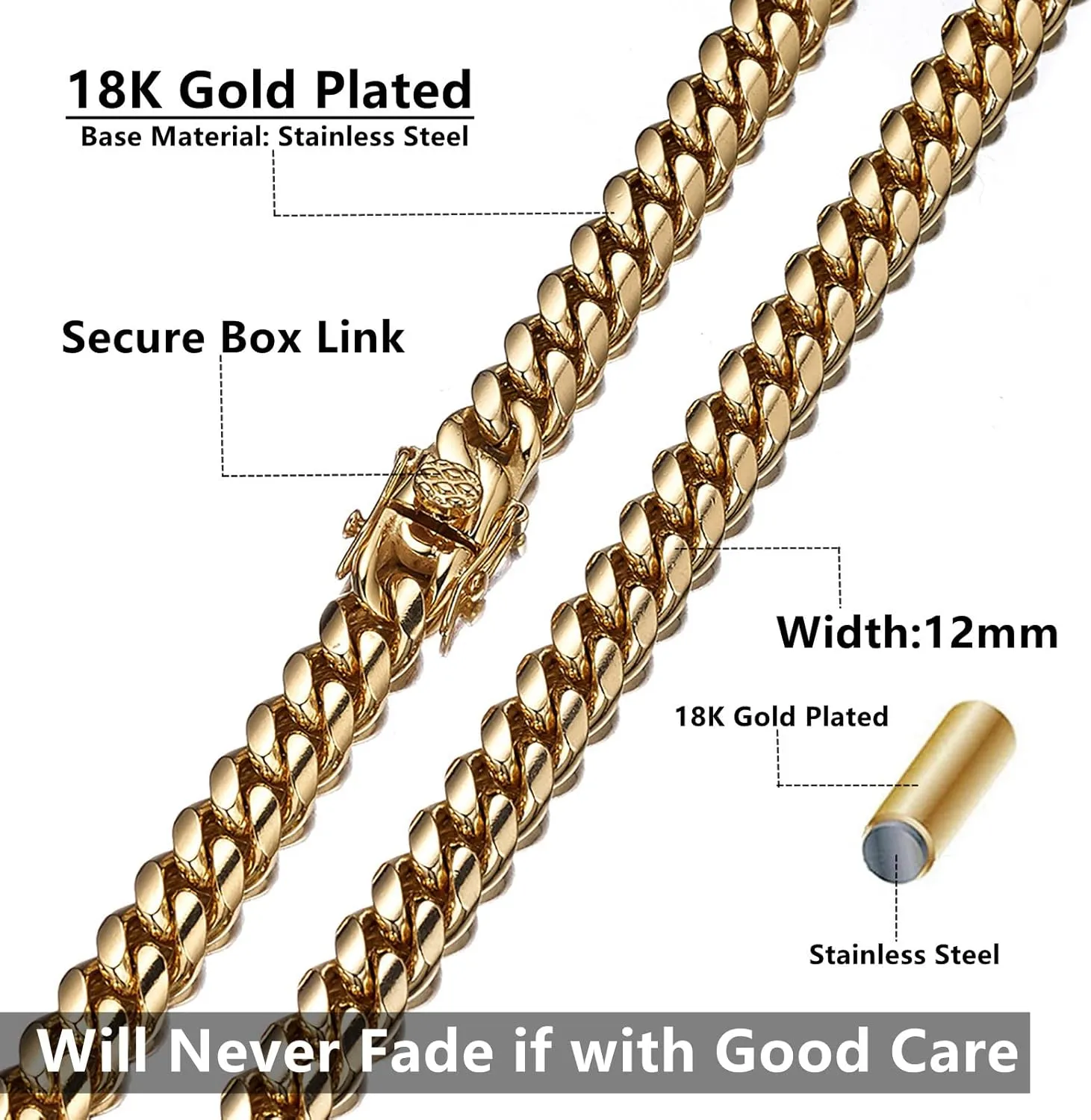 Cuban Link Chain for Men 18K Gold Plated 12mm Stainless Steel Miami Cuban Link Chain 18/20/22/24 Inch Silver Chain Necklace - with Gift Box