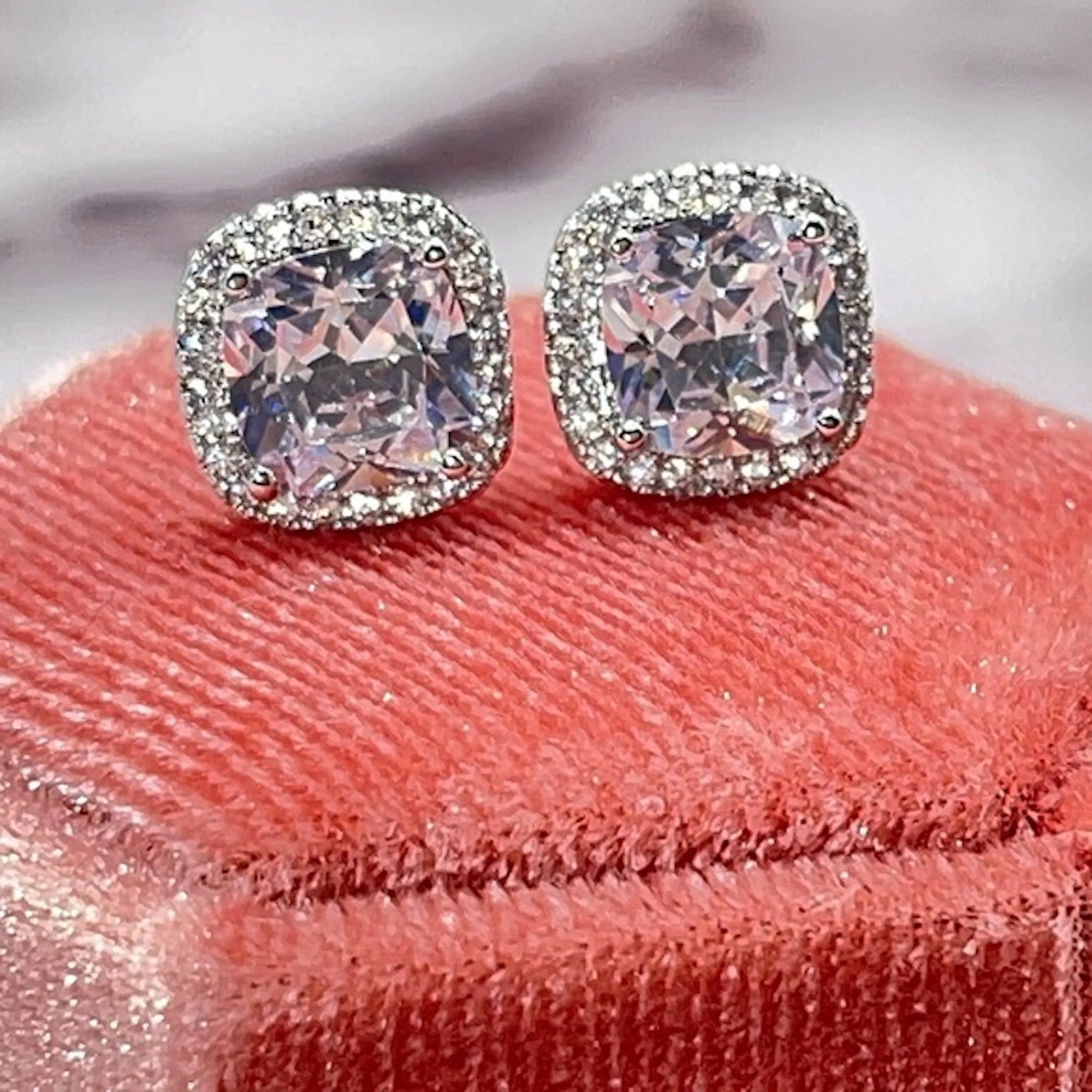 Cubic Zirconia Stud Earrings | 2 Ctw Diamond CZ Cushion Cut Halo Studs | Wedding Bridal Earrings & Bridesmaid Gifts