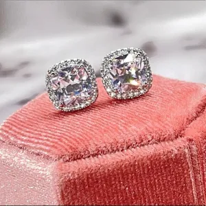 Cubic Zirconia Stud Earrings | 2 Ctw Diamond CZ Cushion Cut Halo Studs | Wedding Bridal Earrings & Bridesmaid Gifts