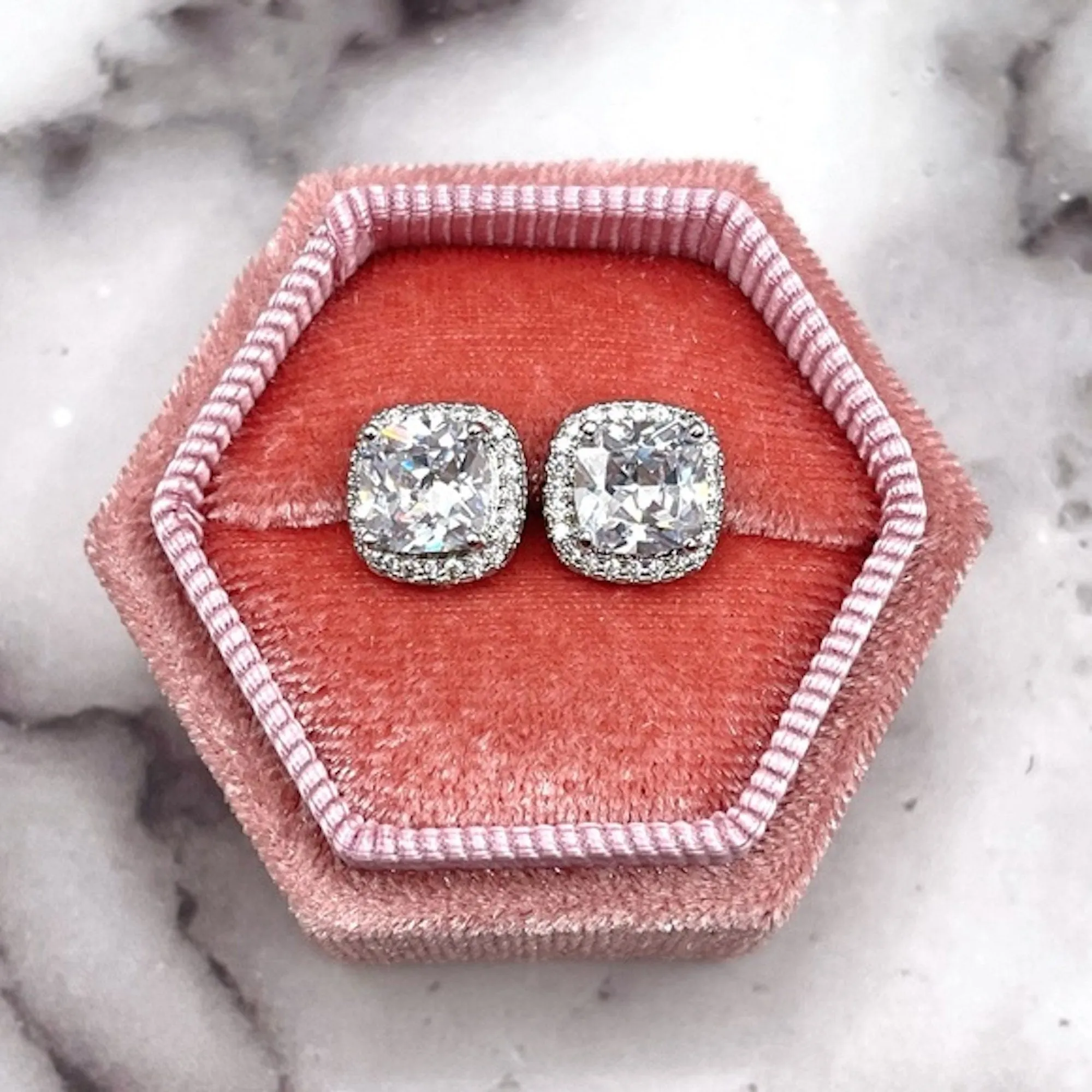 Cubic Zirconia Stud Earrings | 2 Ctw Diamond CZ Cushion Cut Halo Studs | Wedding Bridal Earrings & Bridesmaid Gifts