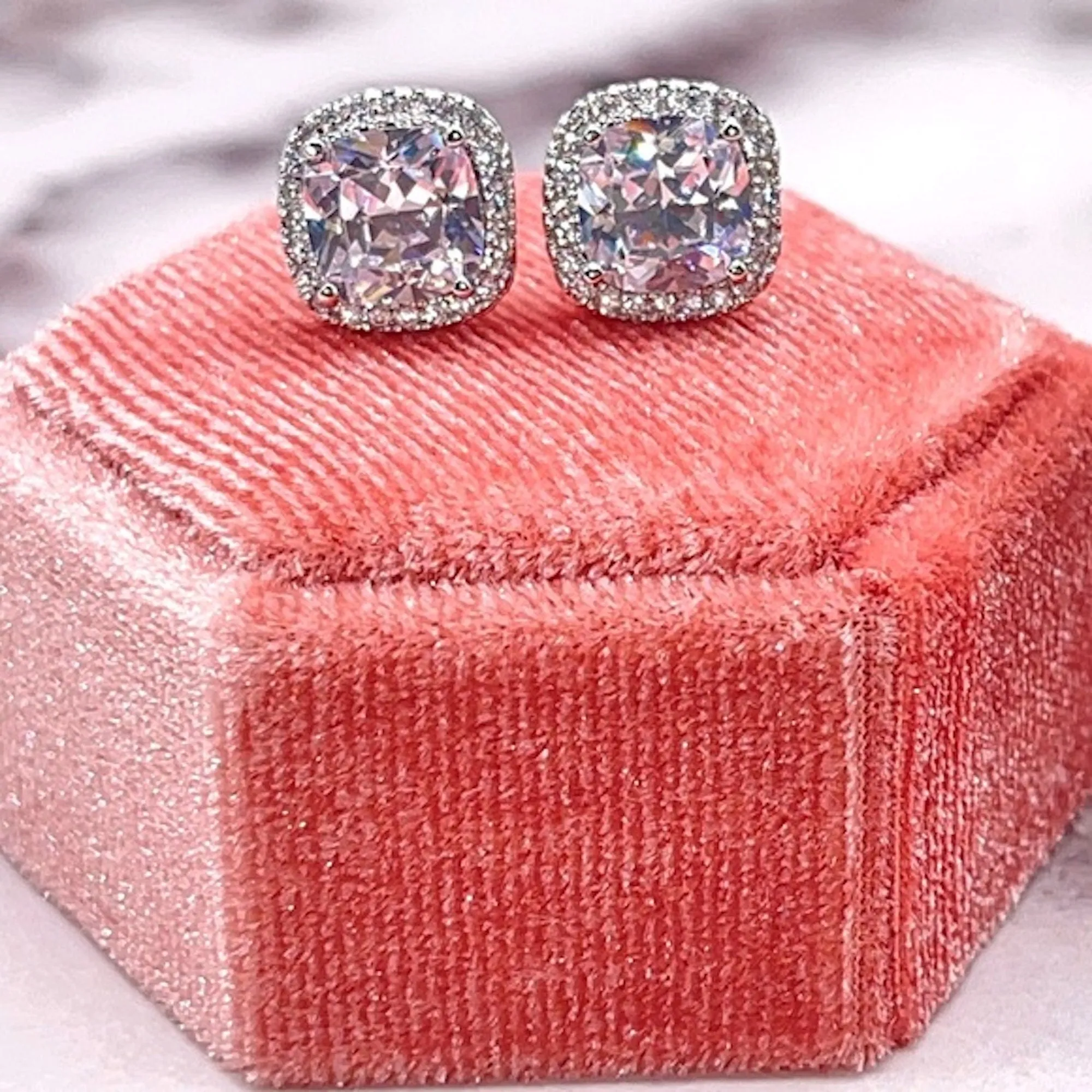 Cubic Zirconia Stud Earrings | 2 Ctw Diamond CZ Cushion Cut Halo Studs | Wedding Bridal Earrings & Bridesmaid Gifts