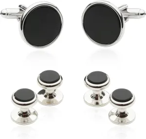 Cuff-Daddy Mens Genuine Black Onyx Silver Tuxedo Cufflinks and Studs with Travel Presentation Gift Box