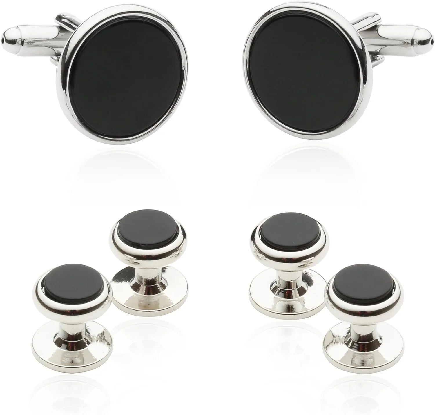 Cuff-Daddy Mens Genuine Black Onyx Silver Tuxedo Cufflinks and Studs with Travel Presentation Gift Box
