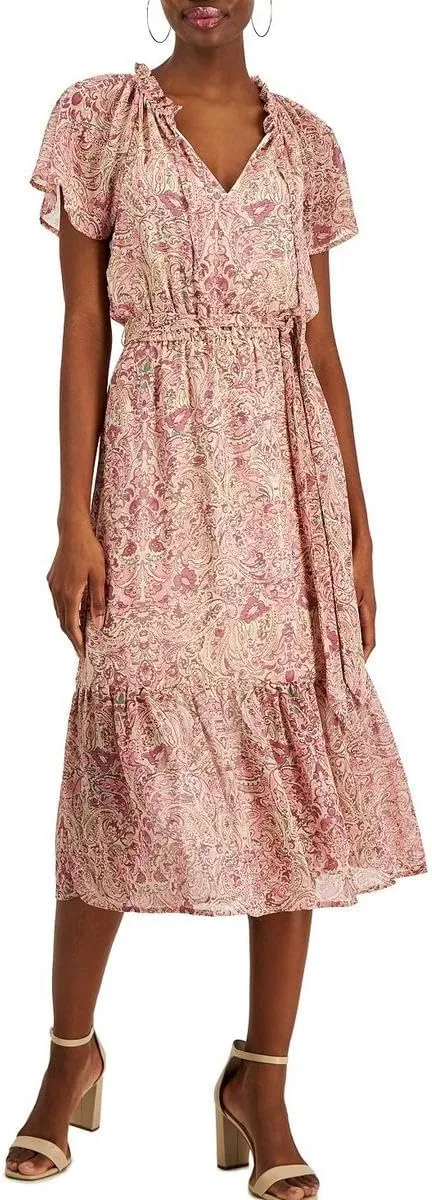 Cufflinks Inc. Womens Chiffon Paisley Midi Dress, Pink, 2