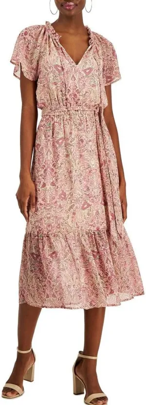 Cufflinks Inc. Womens Chiffon Paisley Midi Dress, Pink, 2