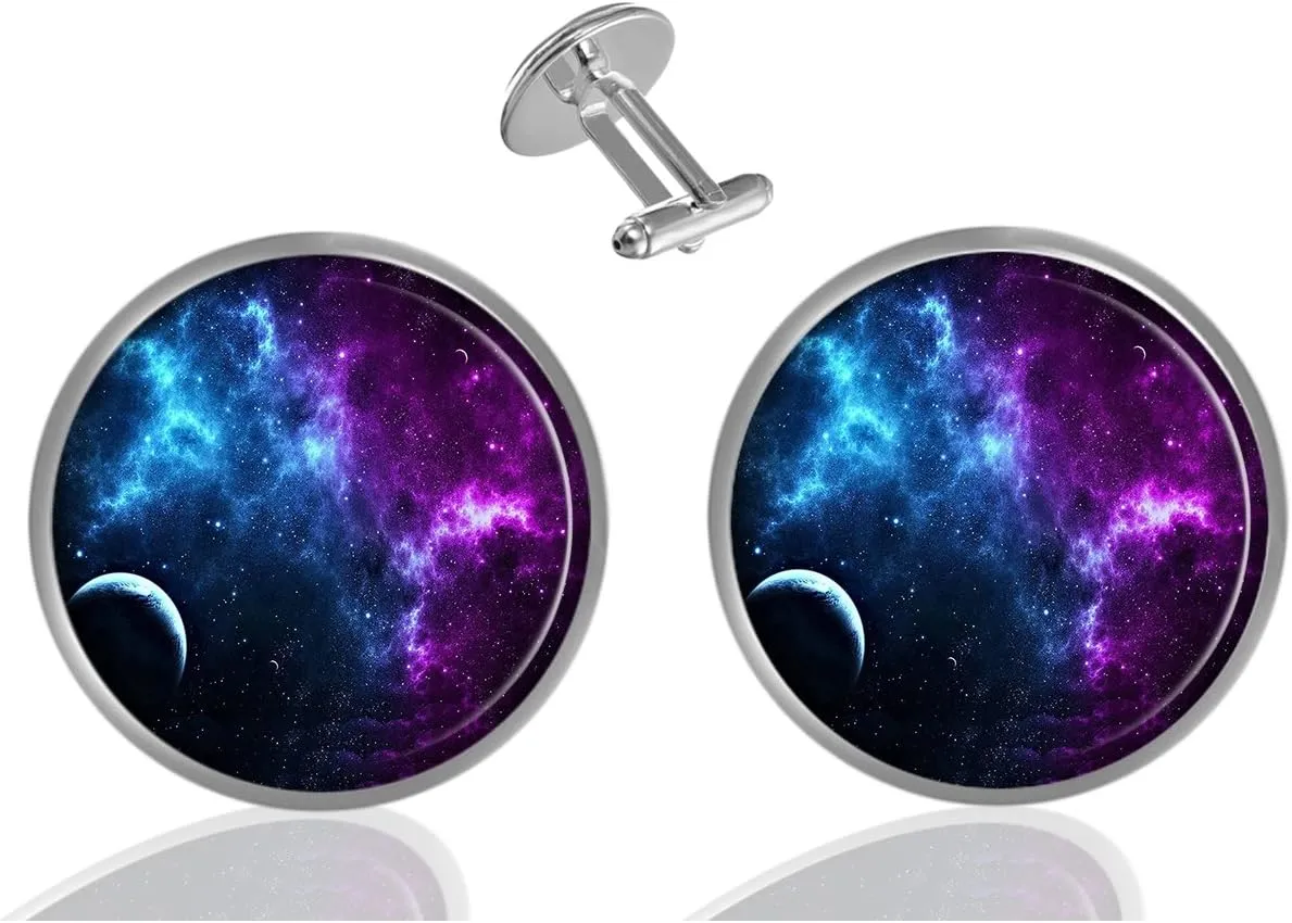 Custom Classic Jewelry Tuxedo Shirt Sliver Cufflinks Men's Unique Business Wedding Gifts Blue Purple Galaxy Space