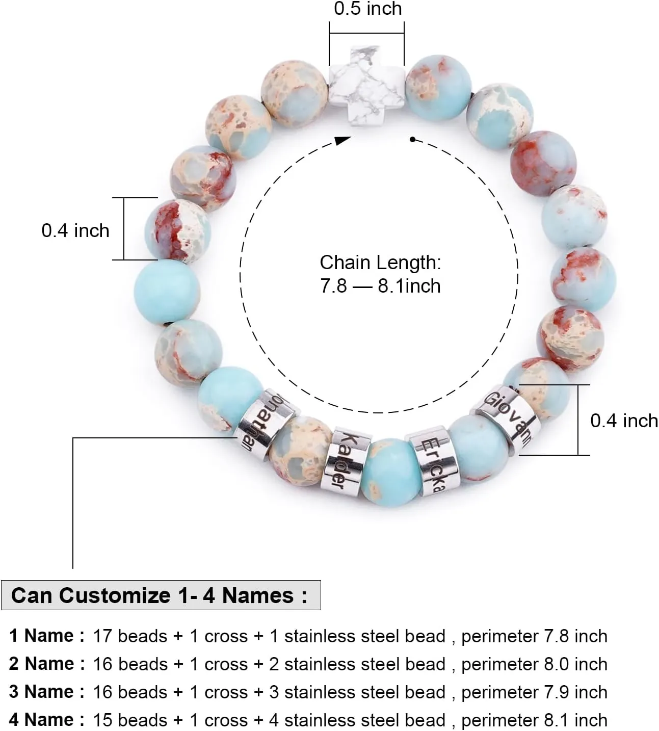 Custom Name Bracelet, Personalized Beaded Bracelets with 1-4 Engraved Names, Chakra Bracelet Natural Stone Bracelet for Women Men, Meaningful Father's Day Gifts for Dad from Daughter Son