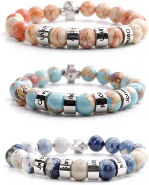 Custom Name Bracelet, Personalized Beaded Bracelets with 1-4 Engraved Names, Chakra Bracelet Natural Stone Bracelet for Women Men, Meaningful Father's Day Gifts for Dad from Daughter Son