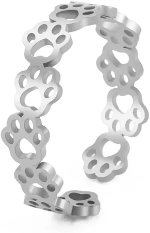 Cute Animal Paw Print Hollow out Love Heart Open Statement Band Ring for Women Men Stainless Steel Stackable Dog Cat Claw Adjustable Lovely Puppy Footprints Finger Rings Fashion Jewelry for Pet Lovers