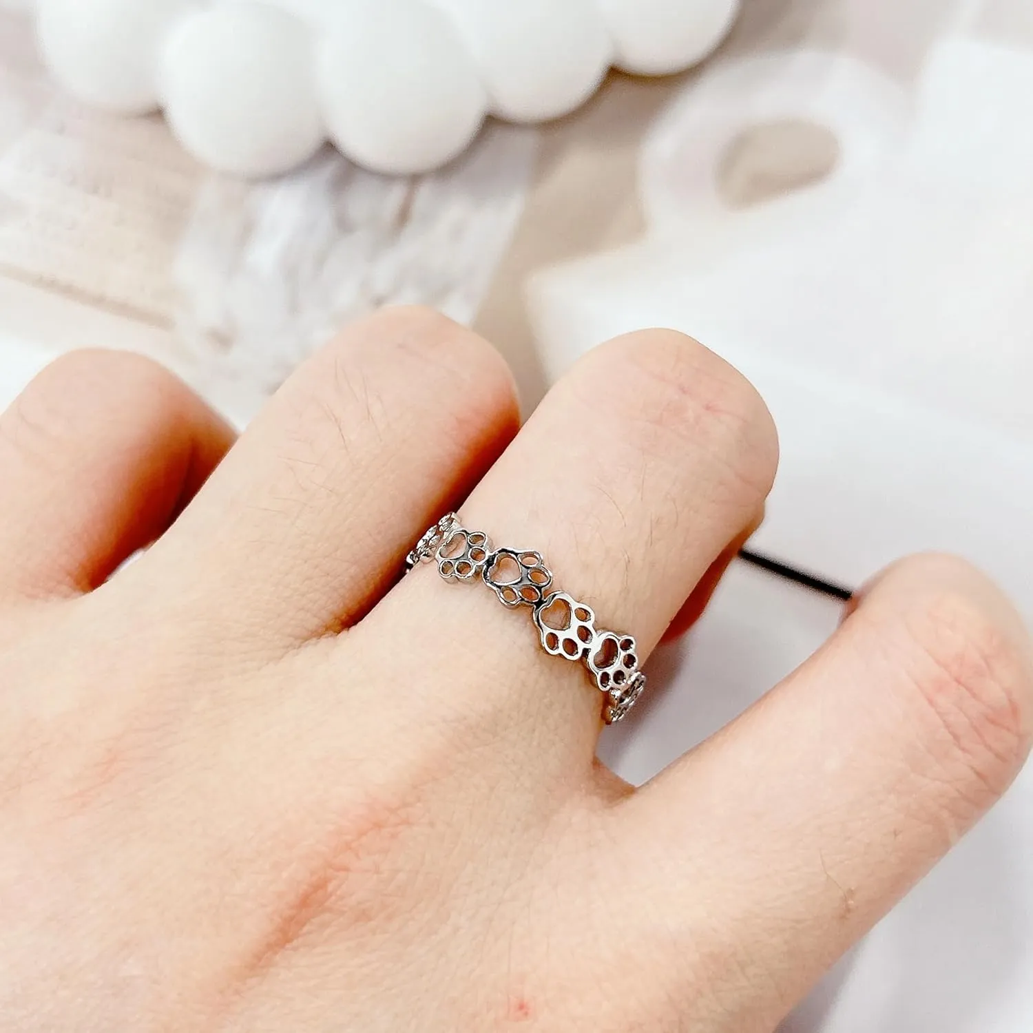 Cute Animal Paw Print Hollow out Love Heart Open Statement Band Ring for Women Men Stainless Steel Stackable Dog Cat Claw Adjustable Lovely Puppy Footprints Finger Rings Fashion Jewelry for Pet Lovers