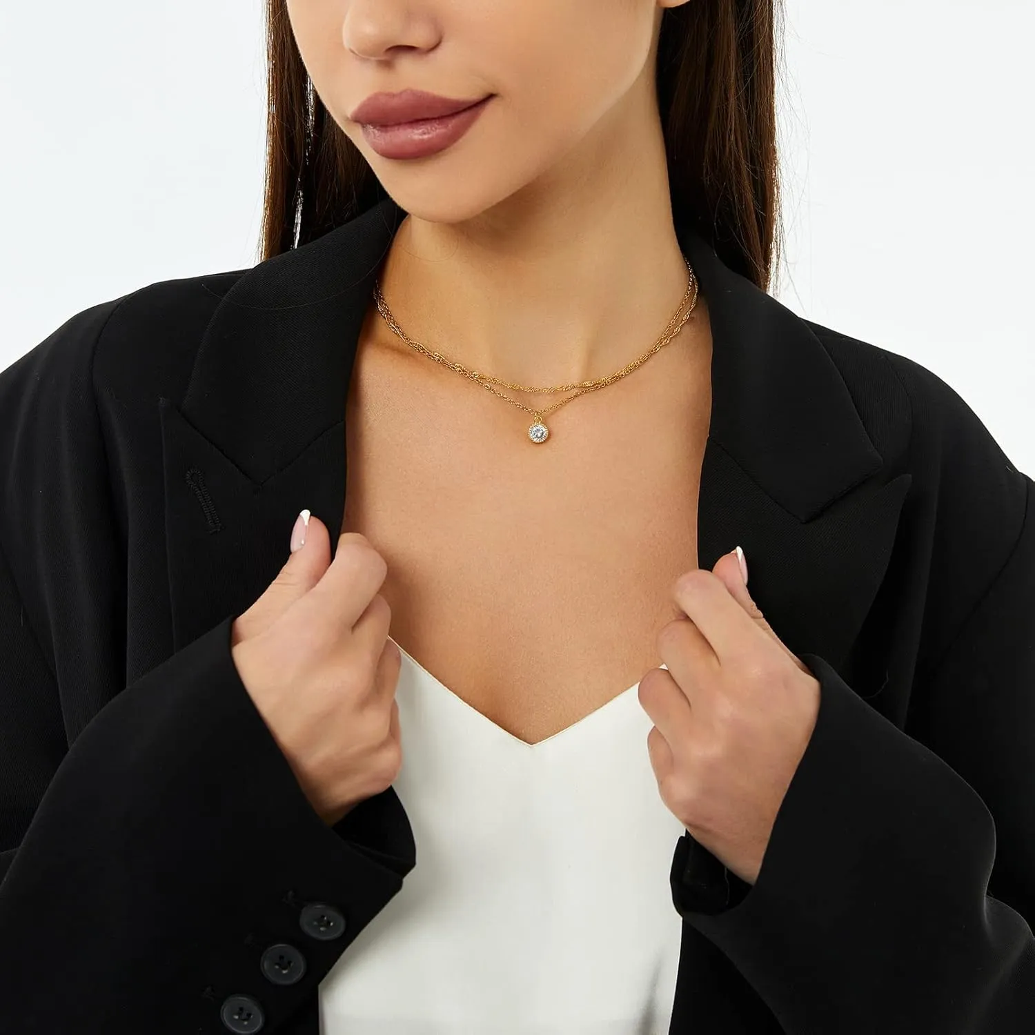 Cute Diamond Necklace Charm Minimalist CZ Necklaces for Women 14K Gold Plated Tiny Chain Layered Choker Necklace Jewelry for Women Girls
