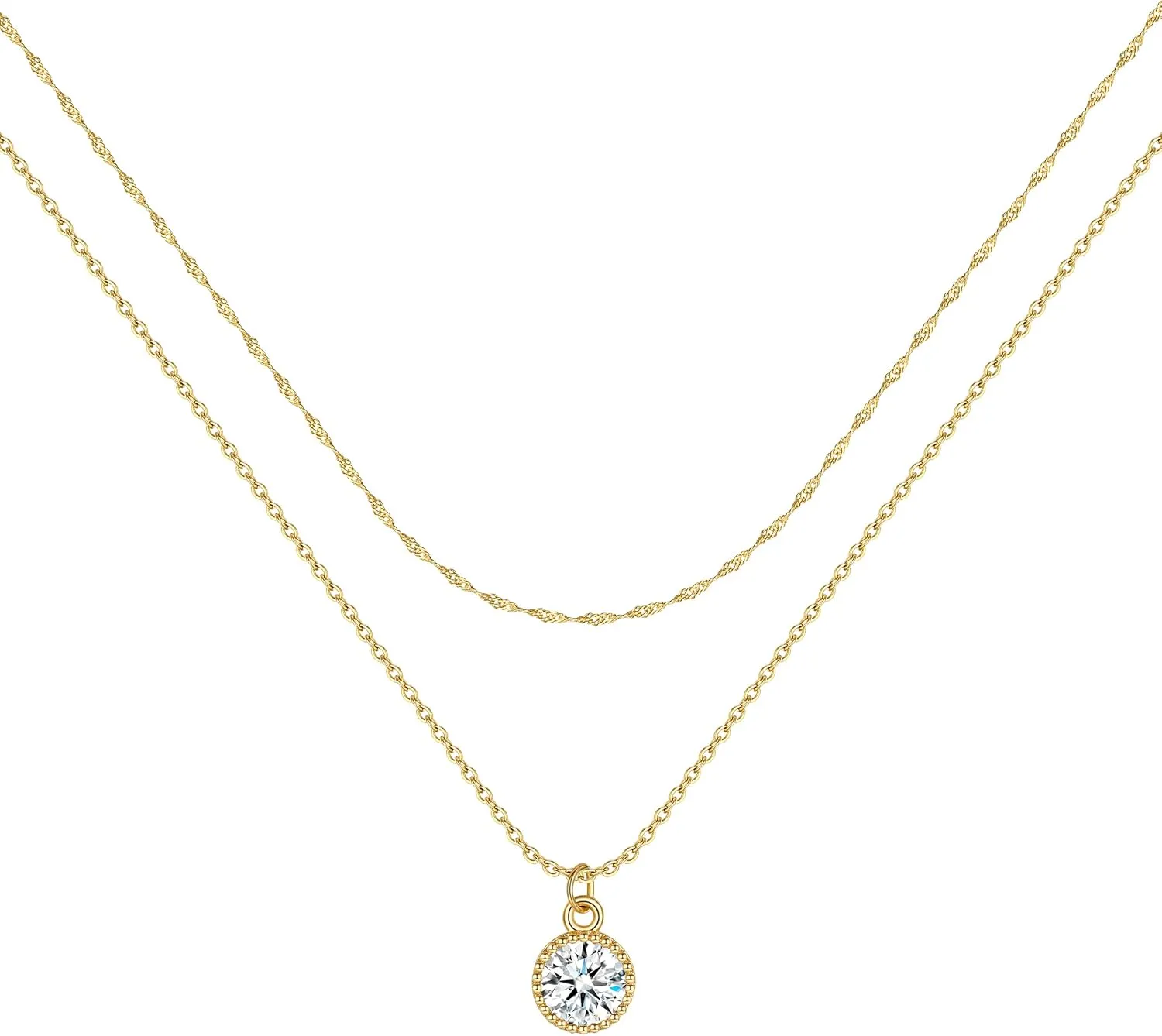 Cute Diamond Necklace Charm Minimalist CZ Necklaces for Women 14K Gold Plated Tiny Chain Layered Choker Necklace Jewelry for Women Girls