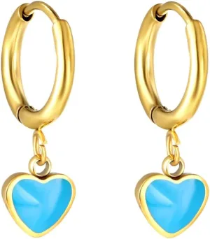 Cute Heart Love Dangle Drop Small Huggie Hoop Earrings for Women Stainless Steel Colorful Enamel Minimalist 14k Gold Plated Charm Dangling Hoops Elegant Hypoallergenic Jewelry for Her