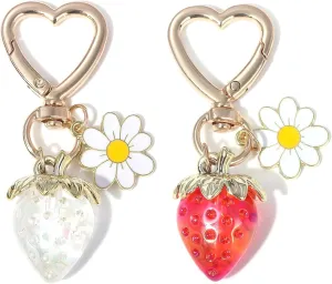 Cute Strawberry keychain - Daisy Flower Heart Key rings - Bag Charms Purse Accessories Decor for Women Girl Gift