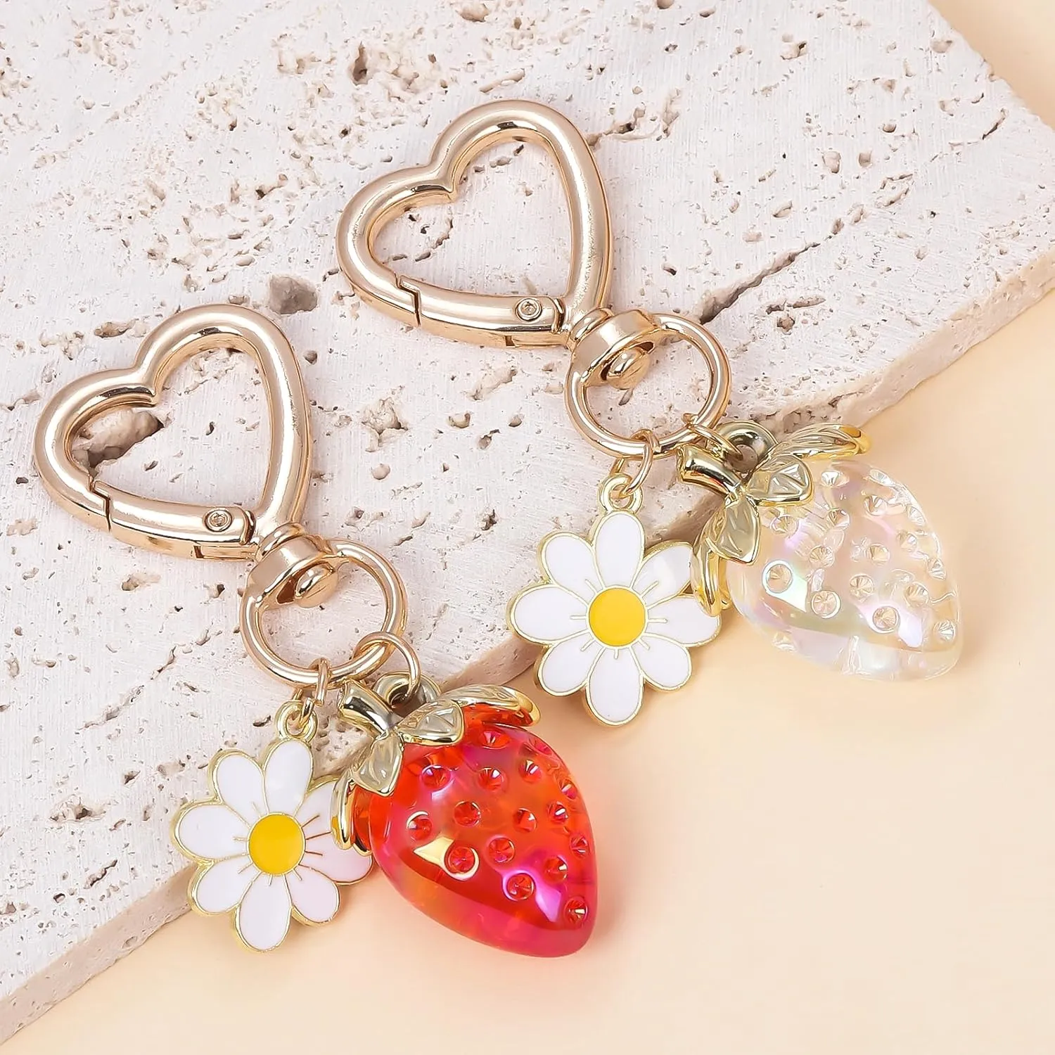 Cute Strawberry keychain - Daisy Flower Heart Key rings - Bag Charms Purse Accessories Decor for Women Girl Gift