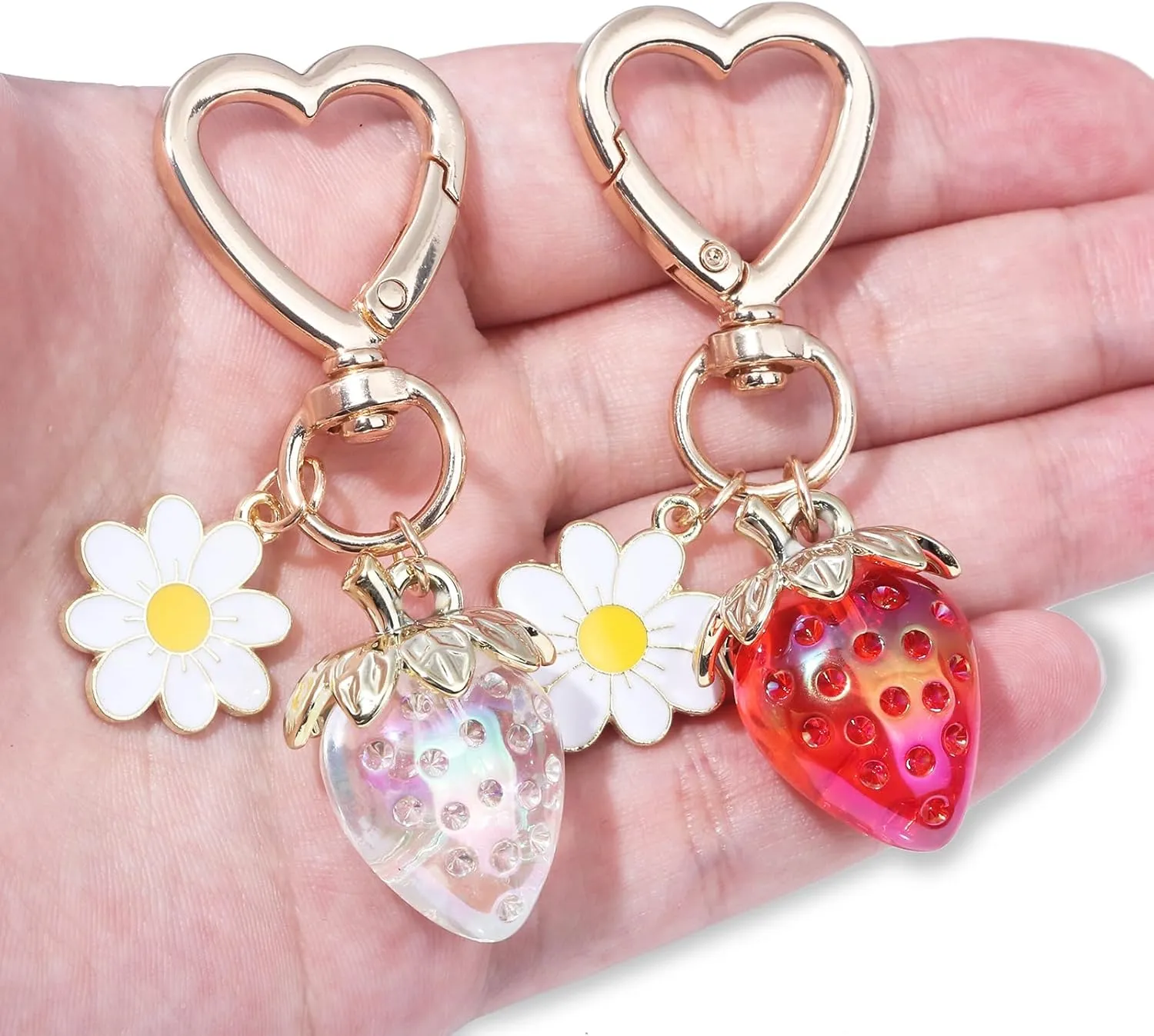 Cute Strawberry keychain - Daisy Flower Heart Key rings - Bag Charms Purse Accessories Decor for Women Girl Gift