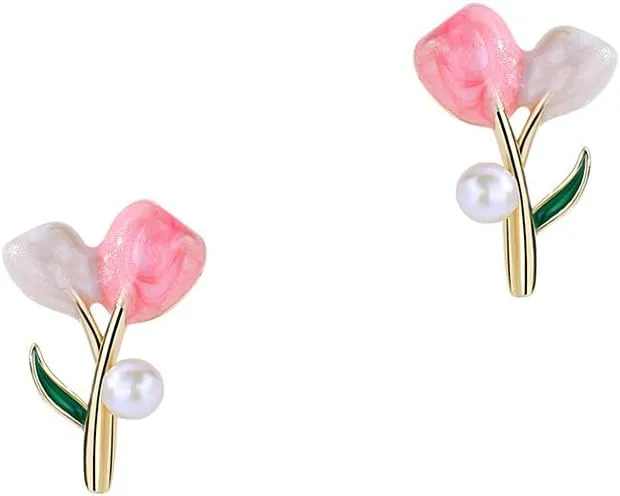 Cute Tulip Flower Stud Earrings for Women 925 Sterling Silver Faux Pearl Floral Pink Enamel Catilage Hypoallergenic Small Studs Earring Elegant Jewelry Gifts Birthday