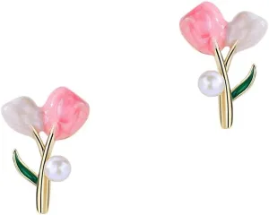 Cute Tulip Flower Stud Earrings for Women 925 Sterling Silver Faux Pearl Floral Pink Enamel Catilage Hypoallergenic Small Studs Earring Elegant Jewelry Gifts Birthday