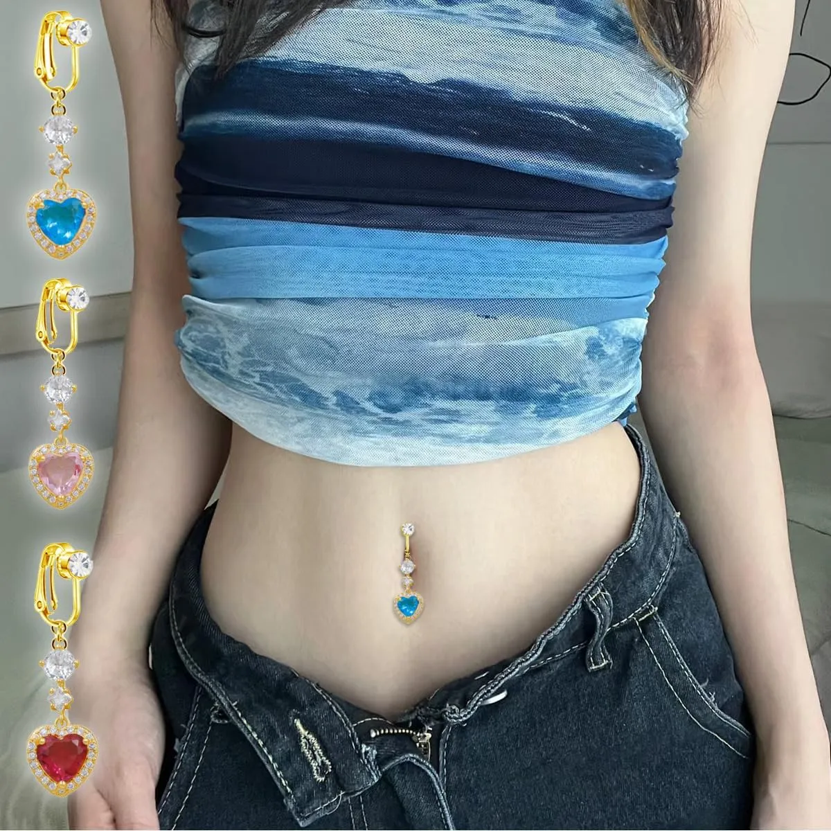 CZ Heart Dangle Fake Belly Button Ring Non Piercing Clip On Belly Rings Dangling Cubic Zirconia Non-Pierced Navel Rings Fake Navel Jewelry for Women