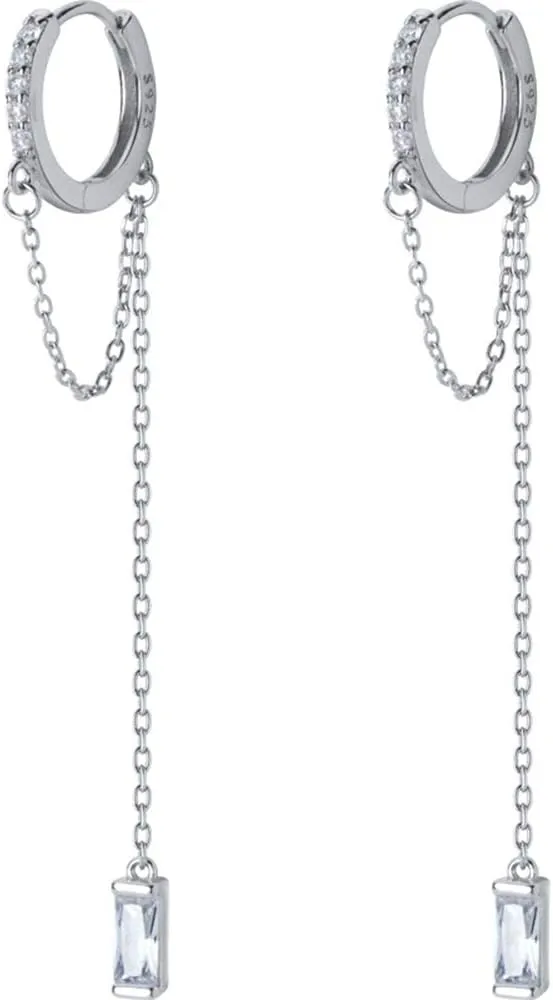 CZ Small Hoop Cuff Earrings With Long Chain Dangle S925 Sterling Silver for Women Girls Cartilage Sensitive Ears Fashion Elegant Cubic Zirconia Threader Tassel Dangling Hypoallergenic Gifts
