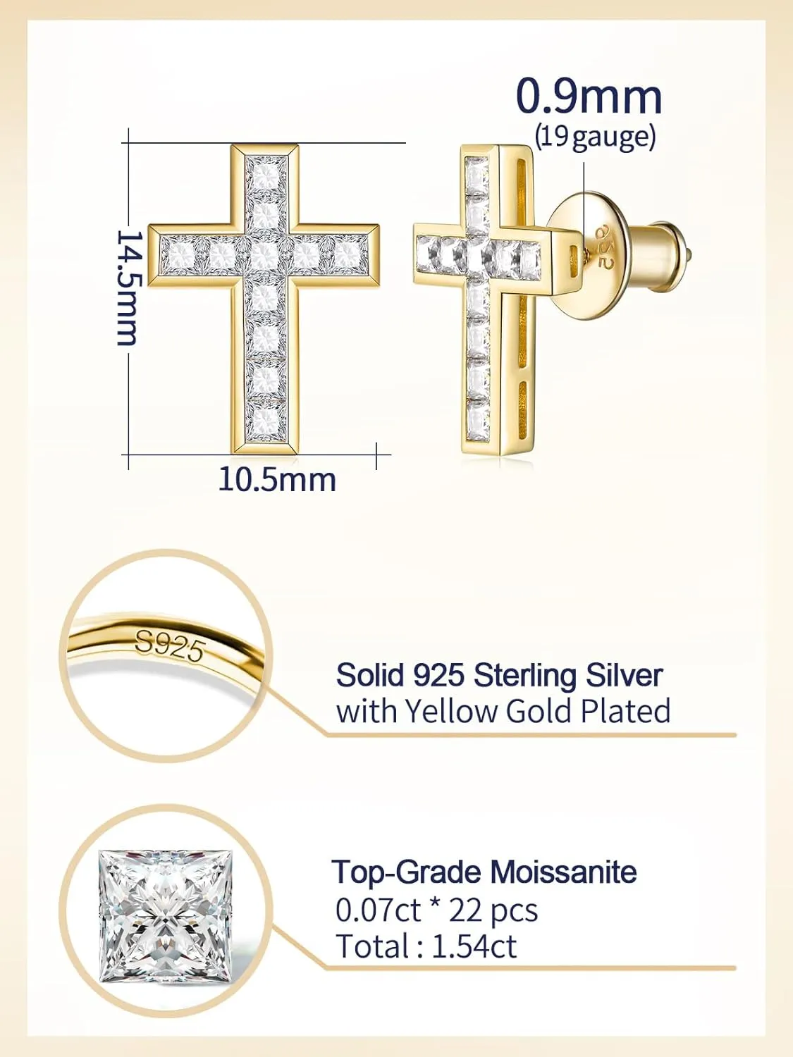 D Color VVS1 Clarity Moissanite Sparkle Cross Earrings Unisex, Really Authentic Solid 925 Sterling Silver Hypoallergenic, Birthday Anniversary Valentines Ideal Gift for Women Men