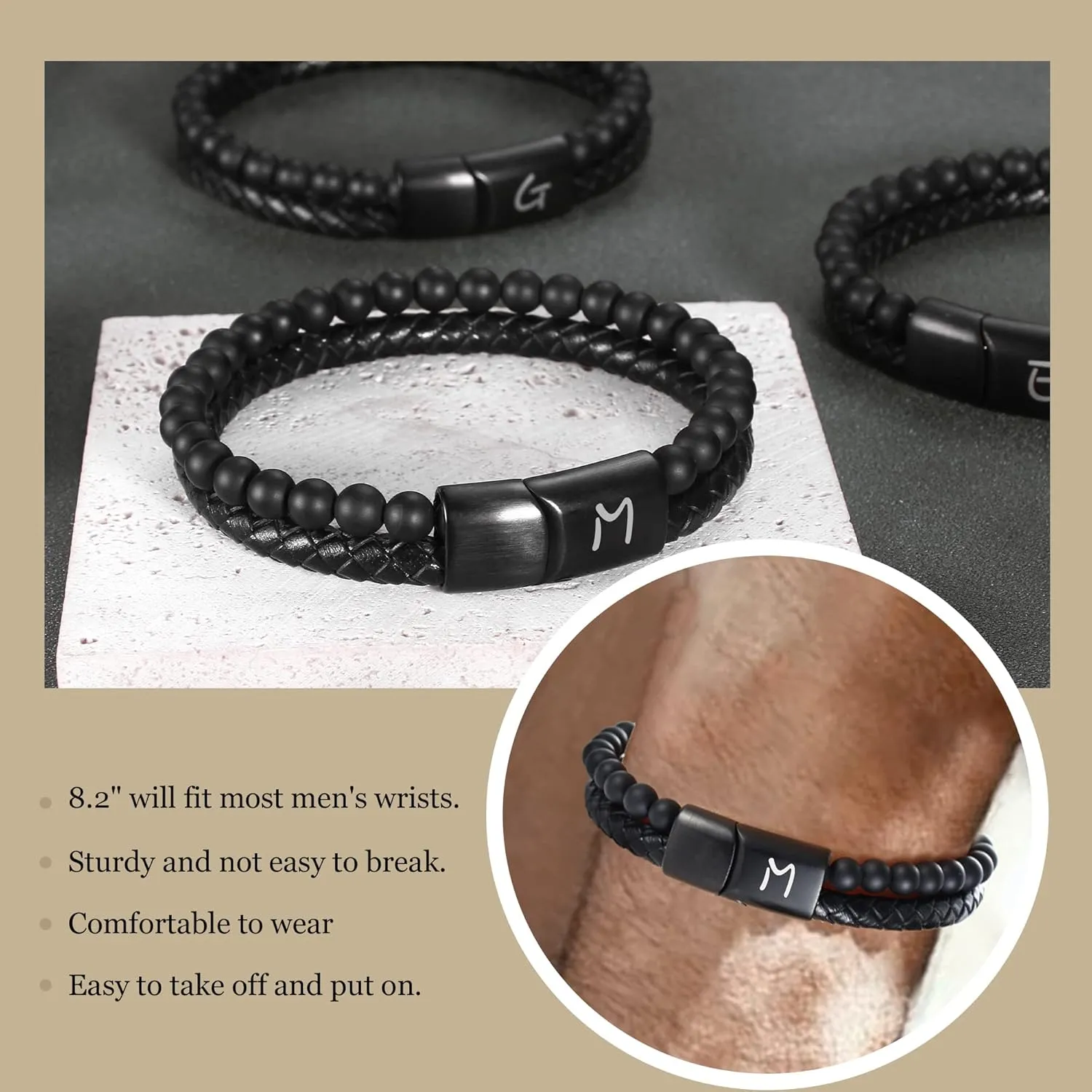 Dad Gifts for Fathers Day Leather Bracelet for Men Initial A-Z Layered Black Beaded Bracelets I Love You Gifts for Him Anniversary Birthday Gift for Boyfriend Son Christmas Easter Jewelry