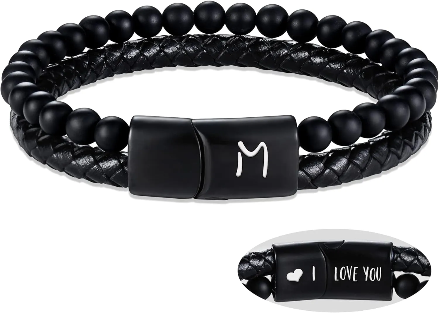 Dad Gifts for Fathers Day Leather Bracelet for Men Initial A-Z Layered Black Beaded Bracelets I Love You Gifts for Him Anniversary Birthday Gift for Boyfriend Son Christmas Easter Jewelry