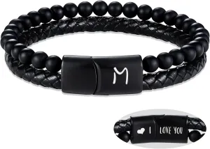 Dad Gifts for Fathers Day Leather Bracelet for Men Initial A-Z Layered Black Beaded Bracelets I Love You Gifts for Him Anniversary Birthday Gift for Boyfriend Son Christmas Easter Jewelry