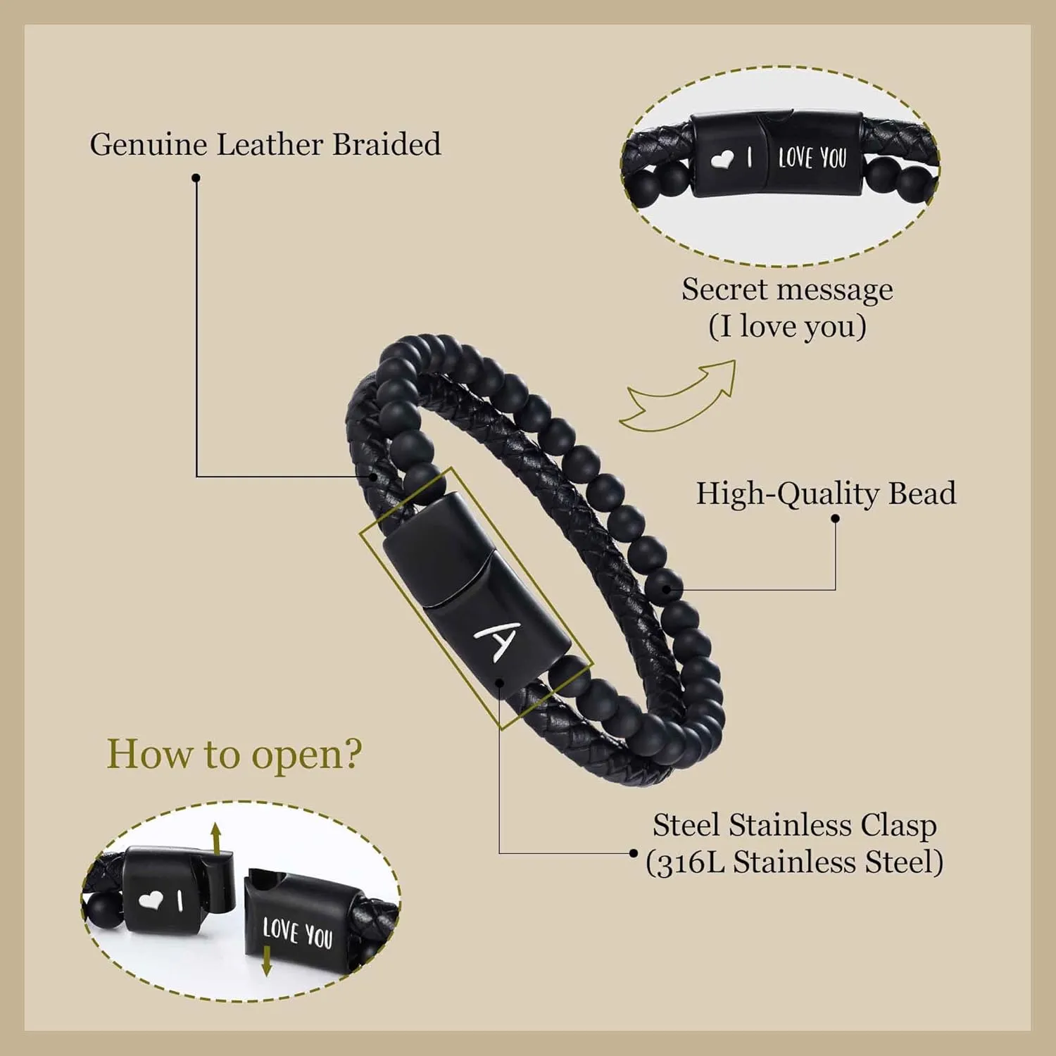 Dad Gifts for Fathers Day Leather Bracelet for Men Initial A-Z Layered Black Beaded Bracelets I Love You Gifts for Him Anniversary Birthday Gift for Boyfriend Son Christmas Easter Jewelry