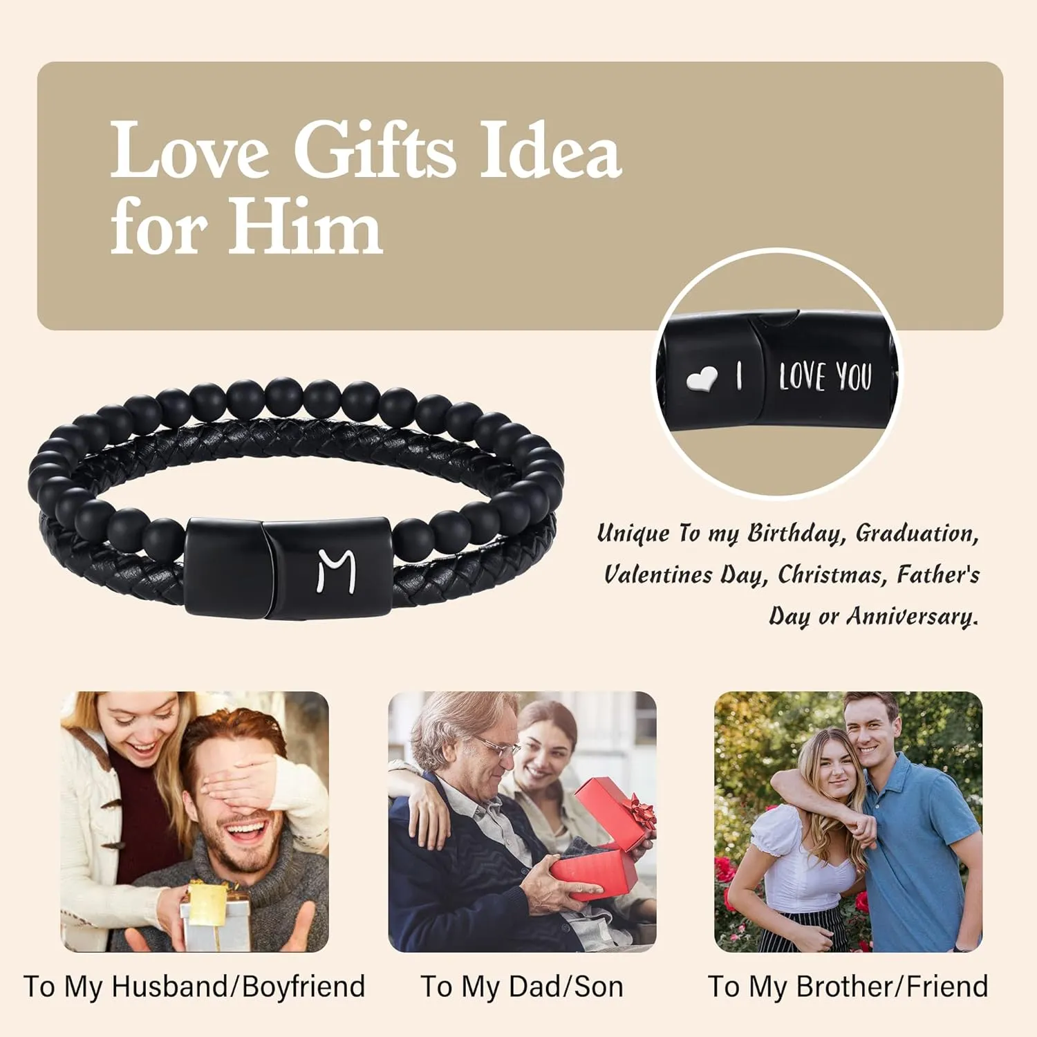 Dad Gifts for Fathers Day Leather Bracelet for Men Initial A-Z Layered Black Beaded Bracelets I Love You Gifts for Him Anniversary Birthday Gift for Boyfriend Son Christmas Easter Jewelry