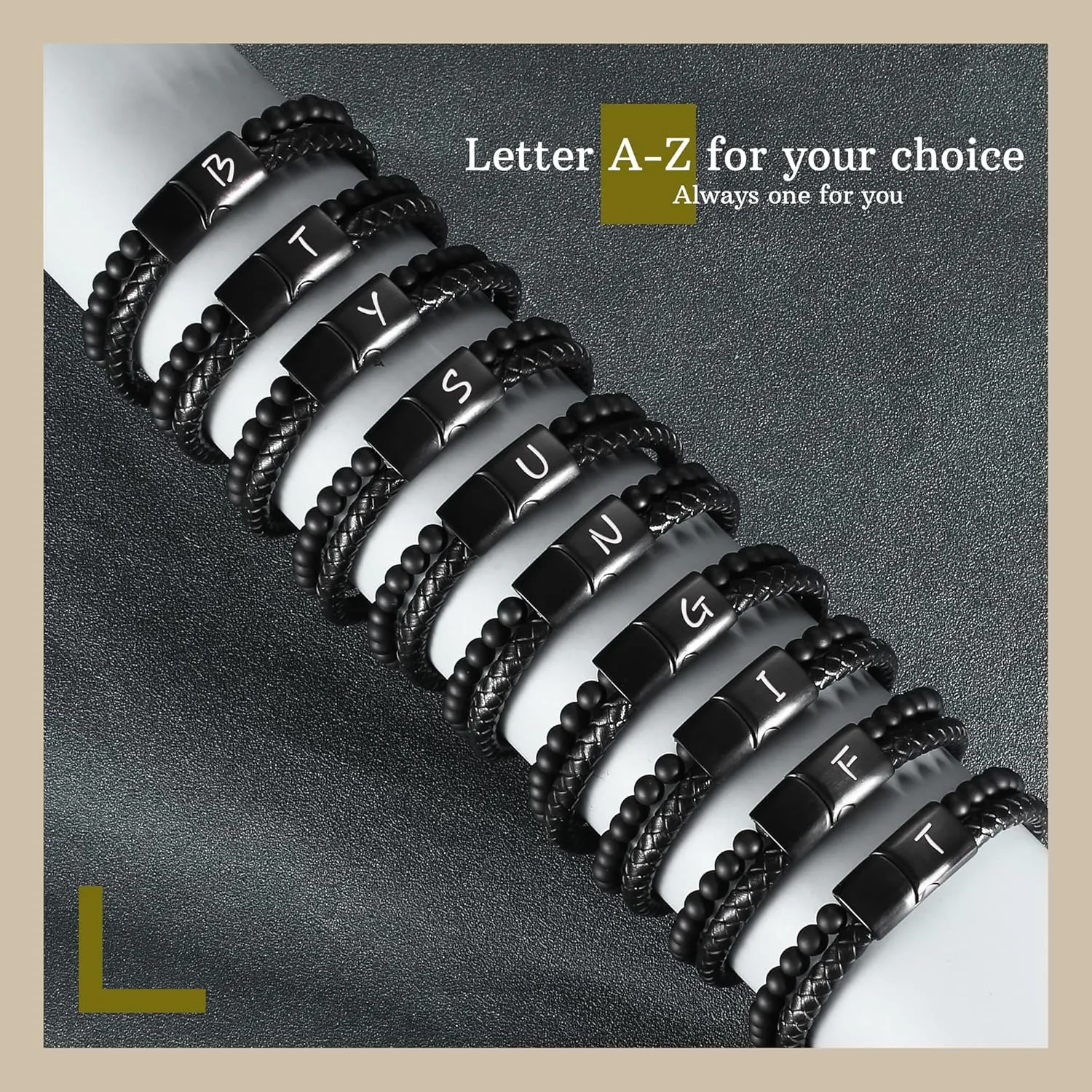 Dad Gifts for Fathers Day Leather Bracelet for Men Initial A-Z Layered Black Beaded Bracelets I Love You Gifts for Him Anniversary Birthday Gift for Boyfriend Son Christmas Easter Jewelry