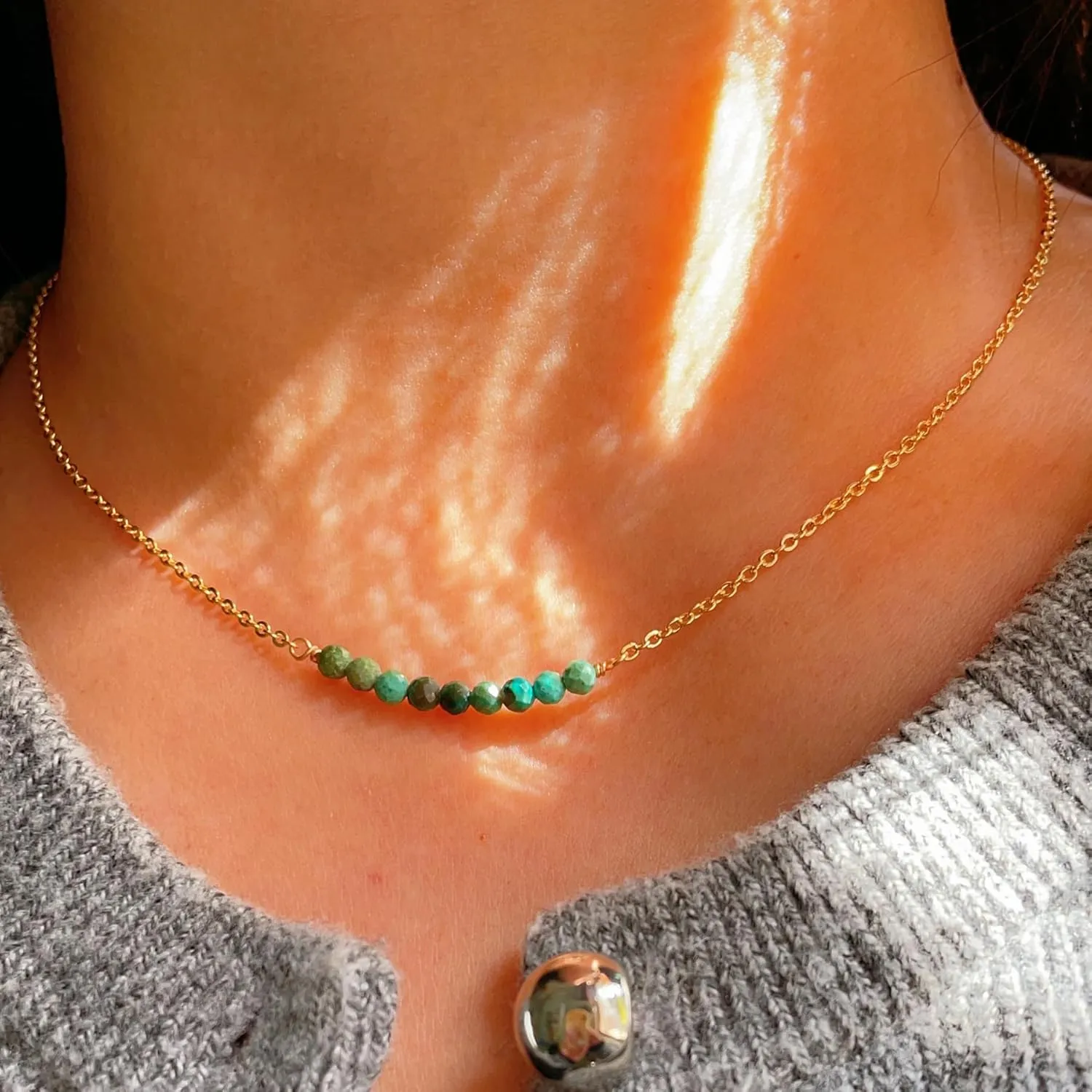 Dainty Birthstone Beaded Bar Necklace,18K Gold Plated Handmade Faceted Turquoise,Lapis,Amazonite,Tiger Eye,Emerald,Ruby,Blue Apatite,Opal Stone Necklaces for Women