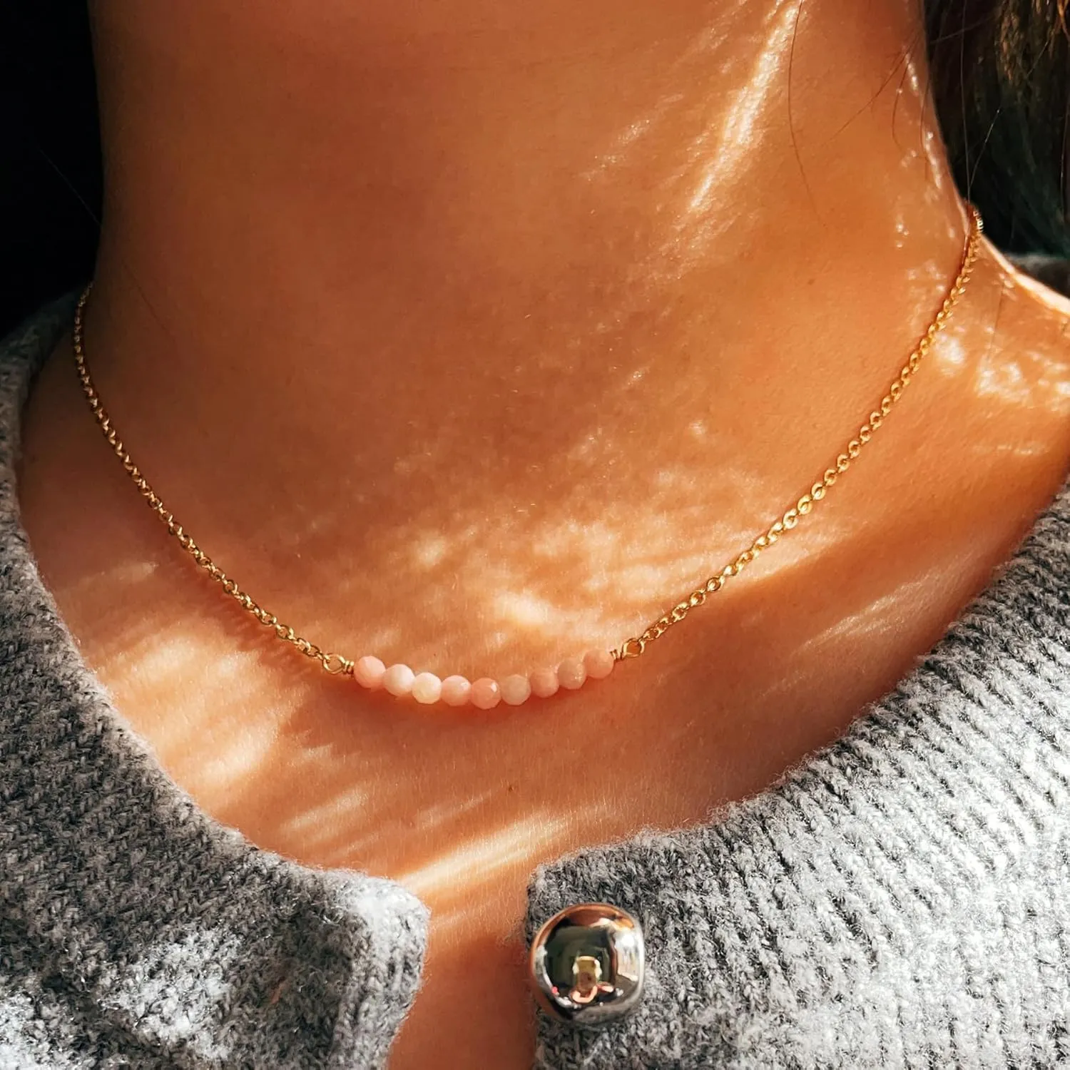 Dainty Birthstone Beaded Bar Necklace,18K Gold Plated Handmade Faceted Turquoise,Lapis,Amazonite,Tiger Eye,Emerald,Ruby,Blue Apatite,Opal Stone Necklaces for Women