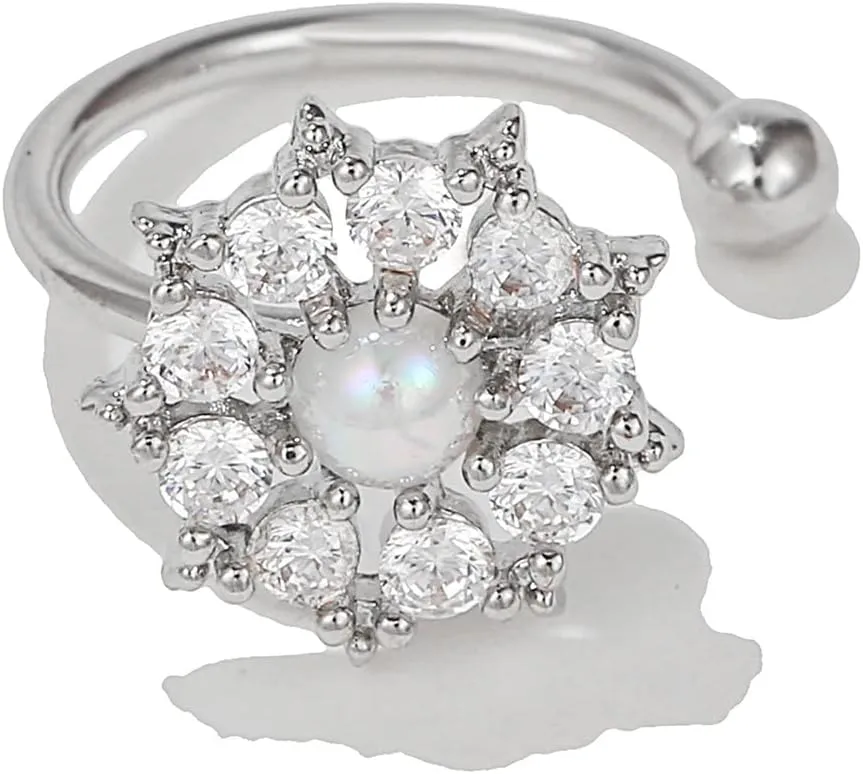 Dainty Snowflake Ear Cuff Earring Cartilage Non Piercing for Women Girls Crystal Cubic Zirconia Faux Pearl Winter Frozen Flower Clip On Fake Huggie Hoops Earrings Elegant Jewelry Gifts Christmas