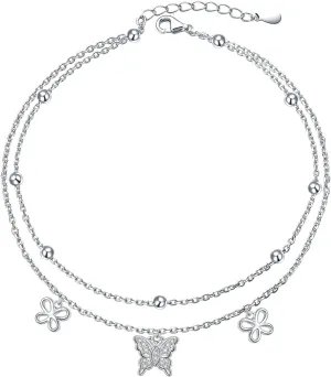 DAOCHONG Anklet For Women 925 Sterling Silver Double Layered Beaded Anklet Bracelets Adjustable Foot Chain Summer Beach Jewelry for Teen Girls Wife Girlfriend Mother