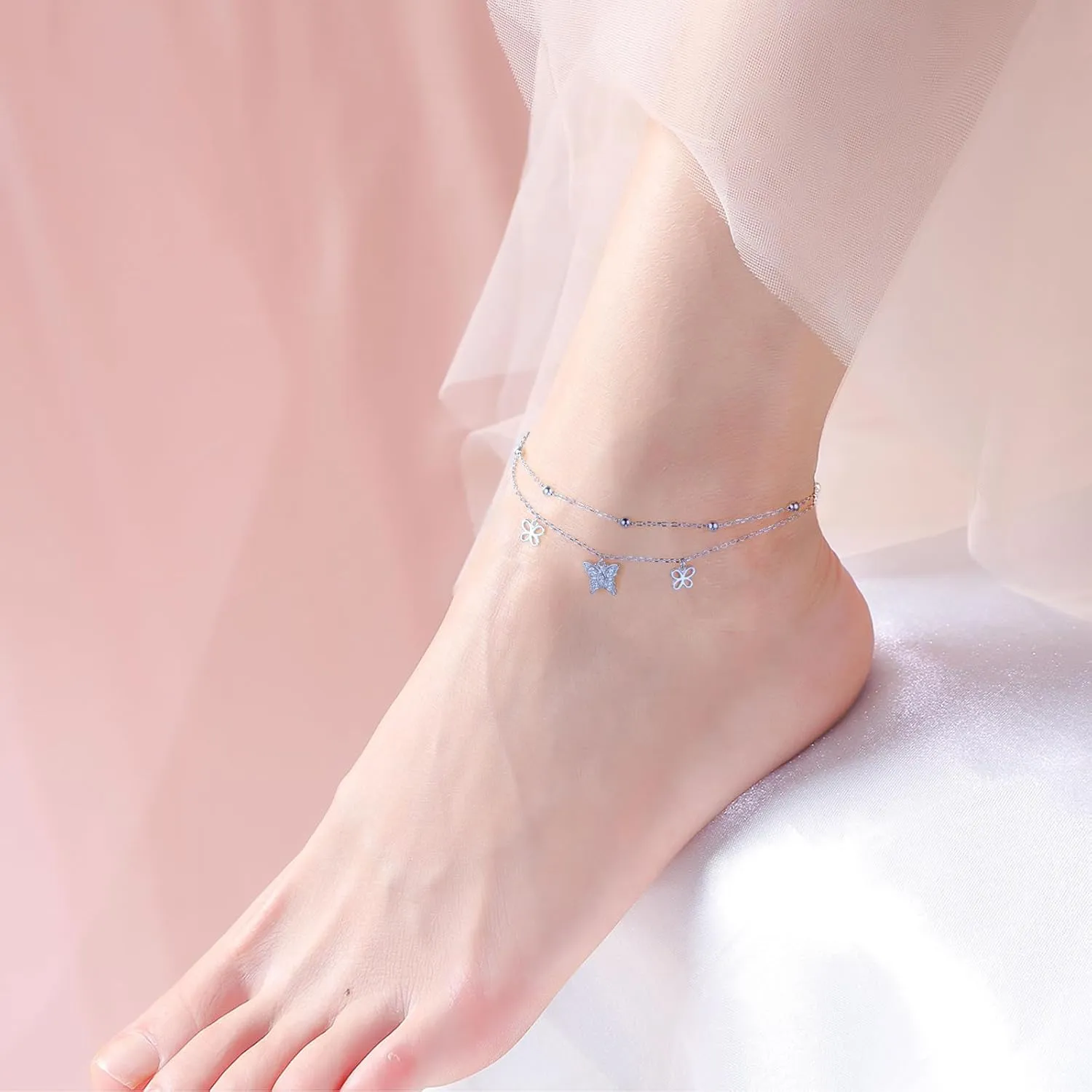 DAOCHONG Anklet For Women 925 Sterling Silver Double Layered Beaded Anklet Bracelets Adjustable Foot Chain Summer Beach Jewelry for Teen Girls Wife Girlfriend Mother
