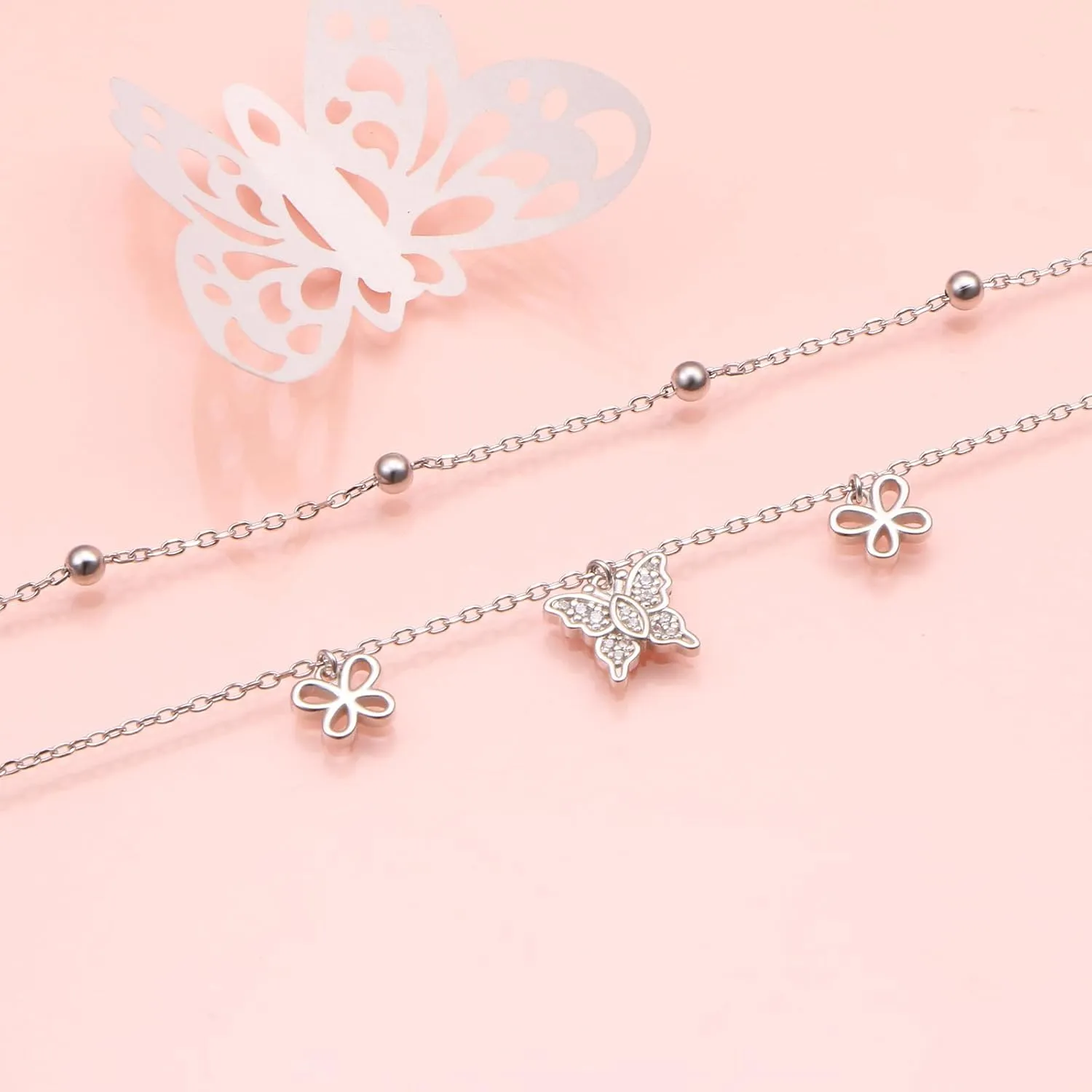 DAOCHONG Anklet For Women 925 Sterling Silver Double Layered Beaded Anklet Bracelets Adjustable Foot Chain Summer Beach Jewelry for Teen Girls Wife Girlfriend Mother