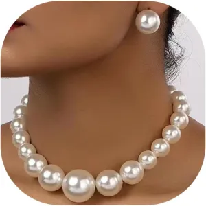 Dcfywl731 Pearl Jewelry Set for Women Pearls Necklace and Earring Set Chunky Pearl Necklaces for Women Prom Jewelry Big Pearls Charm Choker Wedding Jewelry Sets for Brides