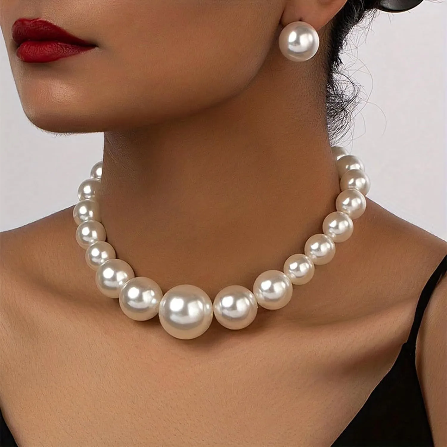 Dcfywl731 Pearl Jewelry Set for Women Pearls Necklace and Earring Set Chunky Pearl Necklaces for Women Prom Jewelry Big Pearls Charm Choker Wedding Jewelry Sets for Brides