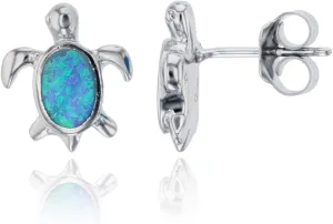 DECADENCE Rhodium Sterling Silver Created Opal Stud Earrings for Women | Multi Style Turtle Dolphin Star Fish Heart Butterfly Infinity Studs | Blue Green Turquoise Topaz Yellow Pink Ruby