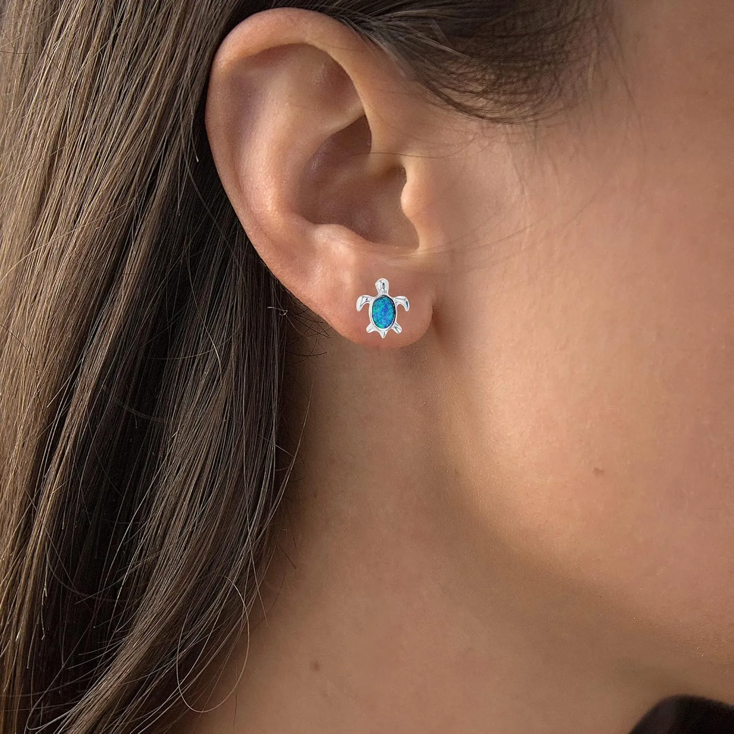DECADENCE Rhodium Sterling Silver Created Opal Stud Earrings for Women | Multi Style Turtle Dolphin Star Fish Heart Butterfly Infinity Studs | Blue Green Turquoise Topaz Yellow Pink Ruby
