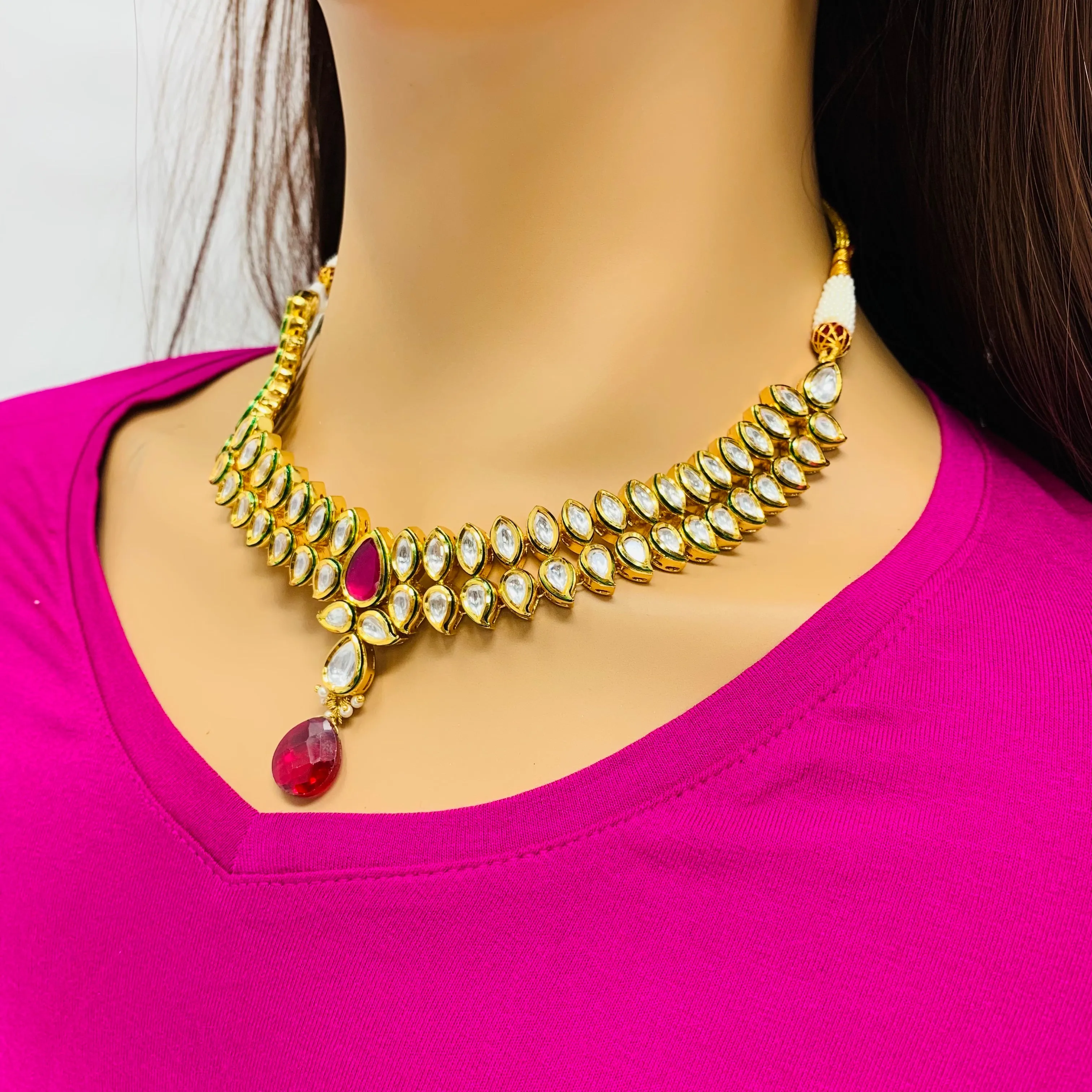 Designer Gold Plated  Royal Kundan & Ruby Necklace with Earrings (D366)