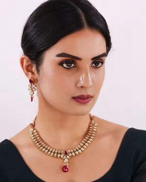 Designer Gold Plated  Royal Kundan & Ruby Necklace with Earrings (D366)