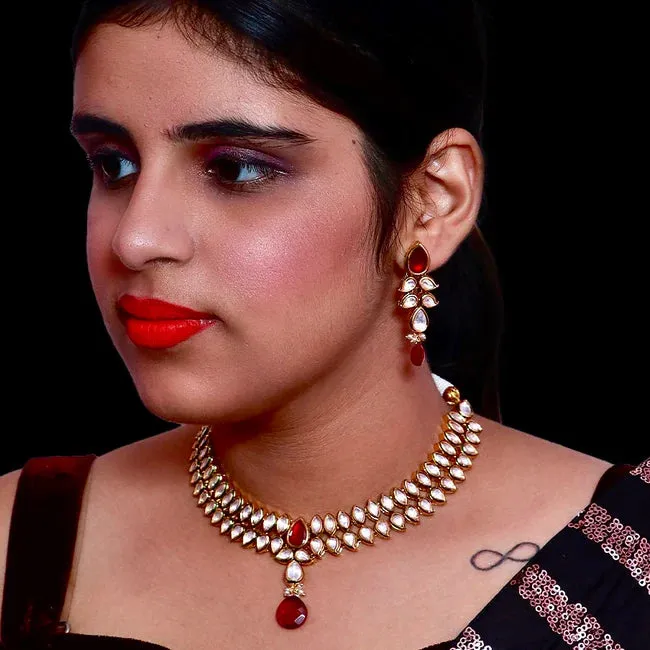 Designer Gold Plated  Royal Kundan & Ruby Necklace with Earrings (D366)