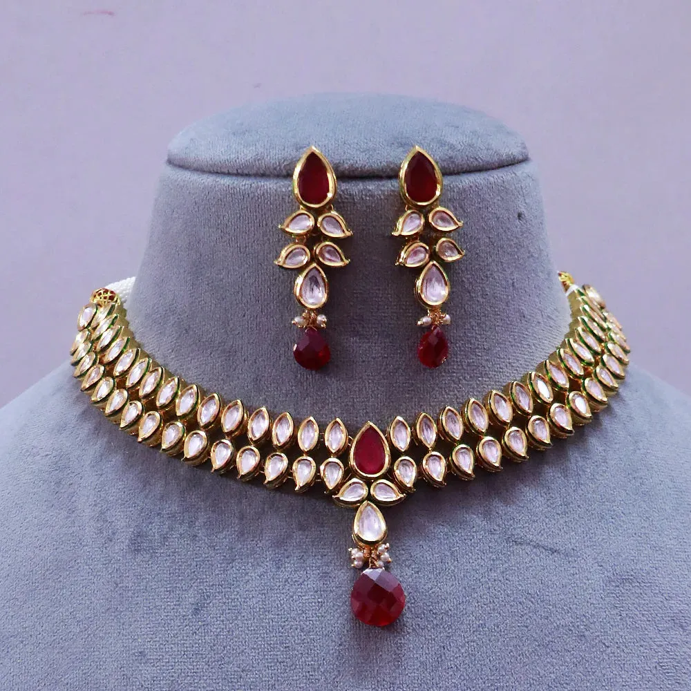 Designer Gold Plated  Royal Kundan & Ruby Necklace with Earrings (D366)