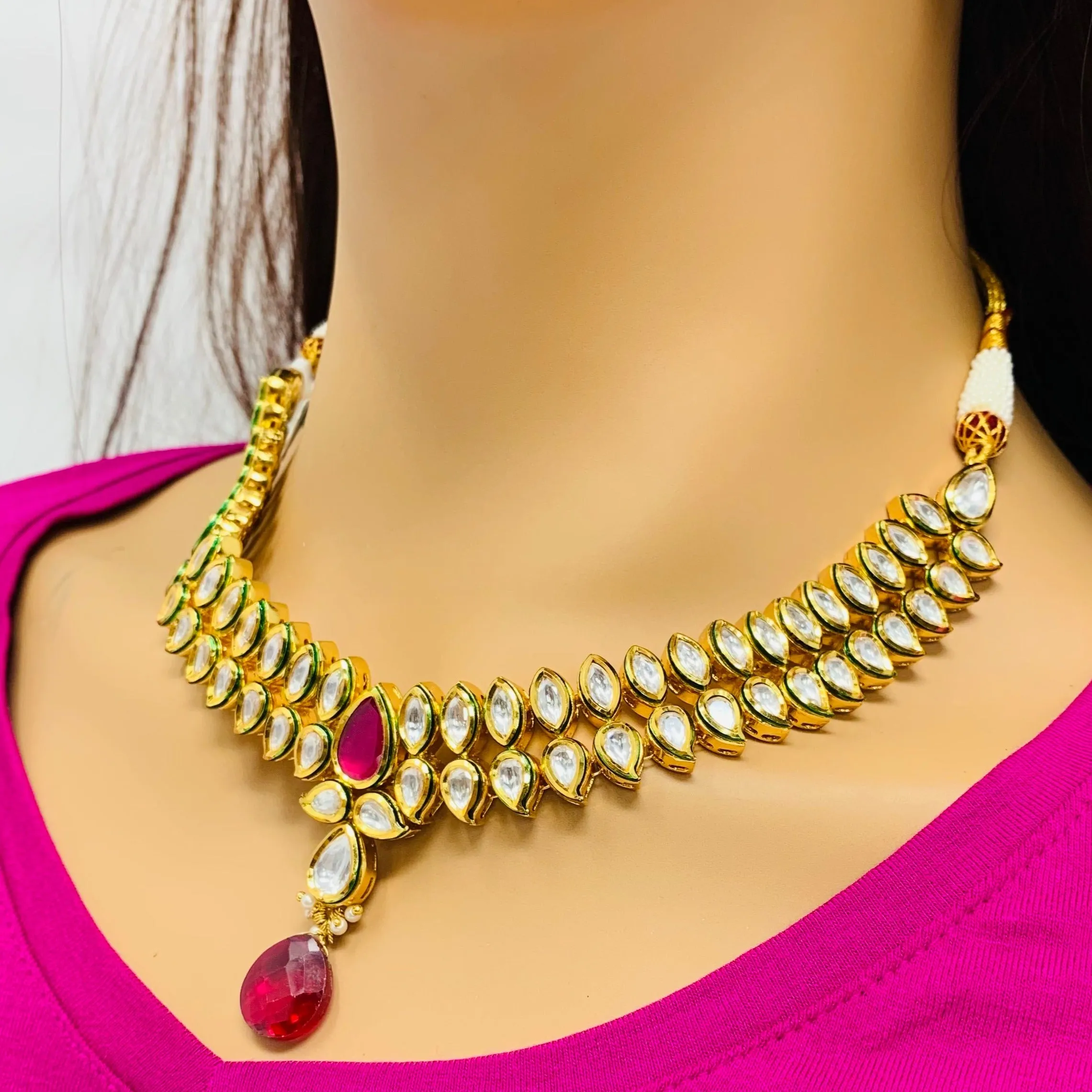 Designer Gold Plated  Royal Kundan & Ruby Necklace with Earrings (D366)